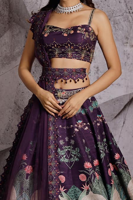 Buy_Archana Kochhar_Purple Dupatta Net, Lehenga And Blouse Raw Silk Floral, & Print Bridal Set _Online_at_Aza_Fashions