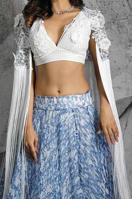 Archana Kochhar_Blue Blouse Lycra, Jacket Net, Lehenga Organza Kaftan Printed And Fringe Set _at_Aza_Fashions