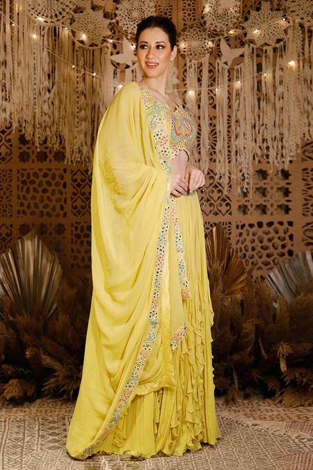 Archana Kochhar_Yellow Blouse Raw Silk, Lehenga And Dupatta Georgette Mirror, Ruffle Frill Set _Online_at_Aza_Fashions