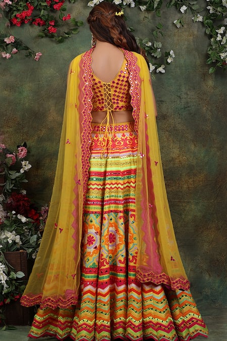 Shop_Archana Kochhar_Multi Color Lehenga And Blouse Raw Silk Dupatta Net Mirror & Embroidered Set _at_Aza_Fashions
