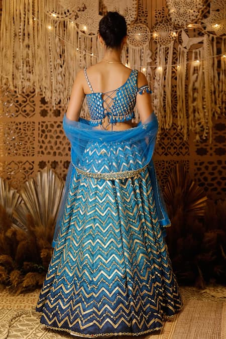 Shop Archana Kochhar Blue Dupatta Net, Lehenga And Blouse Raw Silk Kasab, Chevron Pattern Set at Aza Fashions Shop_Archana Kochhar_Blue Dupatta Net, Lehenga And Blouse Raw Silk Kasab, Chevron Pattern Set _at_Aza_Fashions