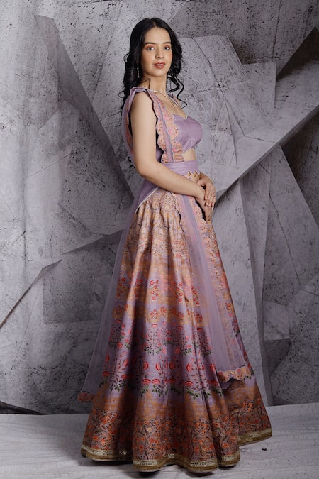 Archana Kochhar_Purple Dupatta Net, Lehenga And Blouse Raw Silk Floral Sweetheart Print Set _Online_at_Aza_Fashions