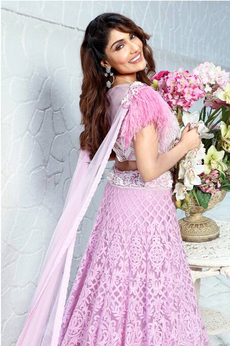 Shop_Archana Kochhar_Purple Net Feathers, Sali Crew Neck Rubesco Lucknowi Lehenga And Draped Blouse Set 