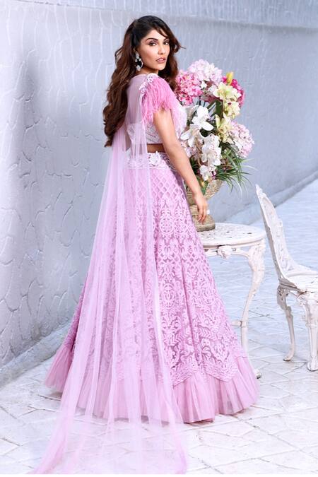 Buy_Archana Kochhar_Purple Net Feathers, Sali Crew Neck Rubesco Lucknowi Lehenga And Draped Blouse Set 