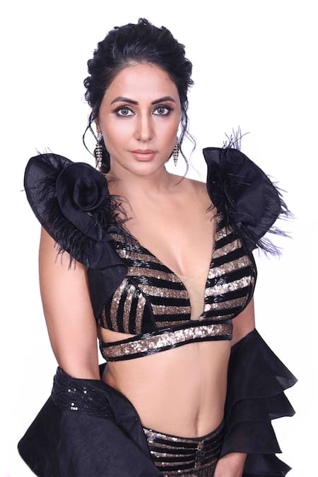 Archana Kochhar_Black Georgette, Net Sequins, Embroidery Plunge Neck And Floral Lehenga Set _Online_at_Aza_Fashions