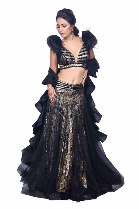 Shop_Archana Kochhar_Black Georgette, Net Sequins, Embroidery Plunge Neck And Floral Lehenga Set _at_Aza_Fashions