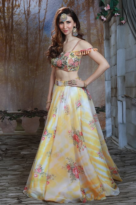 Archana Kochhar_White Organza Tie And Dye Motif Sweetheart Neck Floral Fest Lehenga & Blouse Set _Online_at_Aza_Fashions