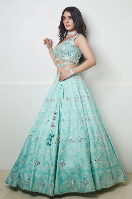 Archana Kochhar_Blue Lehenga And Blouse Raw Silk Dupatta Net Mirror Work Embroidered Set _Online_at_Aza_Fashions