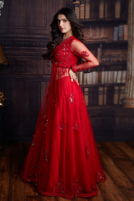Shop Archana Kochhar Red Lehenga Raw Silk Jacket Net Mirror And Anchor Thread V Embroidered & Set at Aza Fashions Shop_Archana Kochhar_Red Lehenga Raw Silk Jacket Net Mirror And Anchor Thread V Embroidered & Set _at_Aza_Fashions