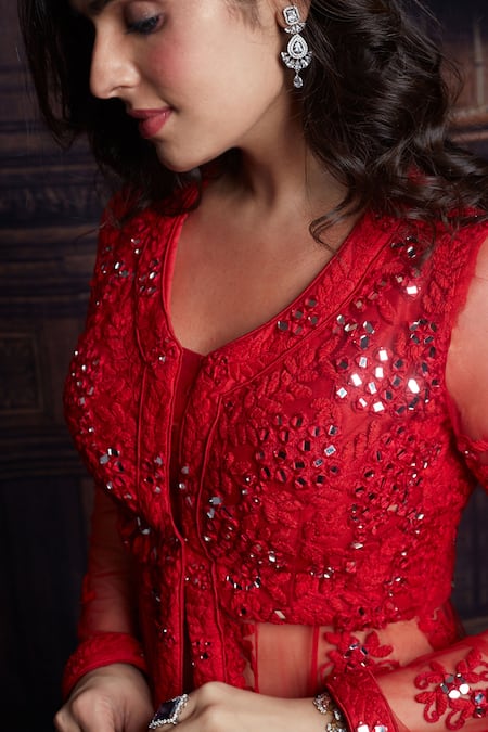 Archana Kochhar Red Lehenga Raw Silk Jacket Net Mirror And Anchor Thread V Embroidered & Set Online at Aza Fashions Archana Kochhar_Red Lehenga Raw Silk Jacket Net Mirror And Anchor Thread V Embroidered & Set _Online_at_Aza_Fashions