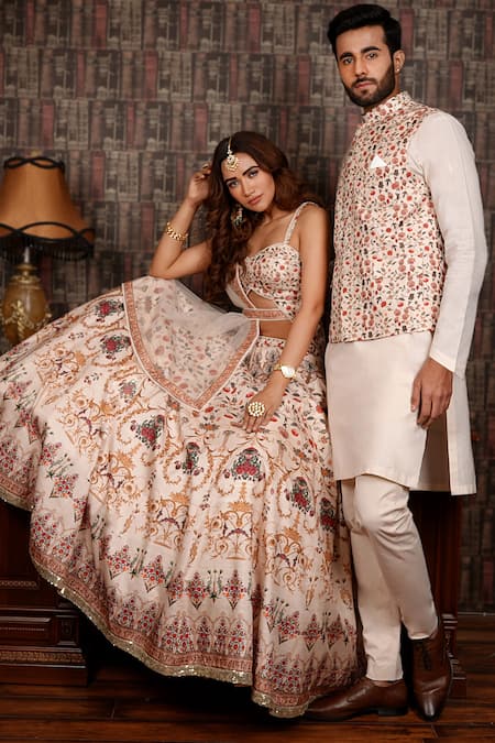 Buy_Archana Kochhar_White Lehenga And Blouse Raw Silk Dupatta Net Printed Paradise Bridal Set _Online_at_Aza_Fashions