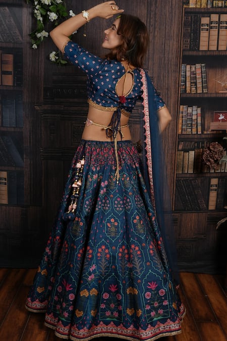 Shop_Archana Kochhar_Blue Lehenga And Blouse Raw Silk Dupatta Net Printed Floral Motifs Lagoon Set _at_Aza_Fashions