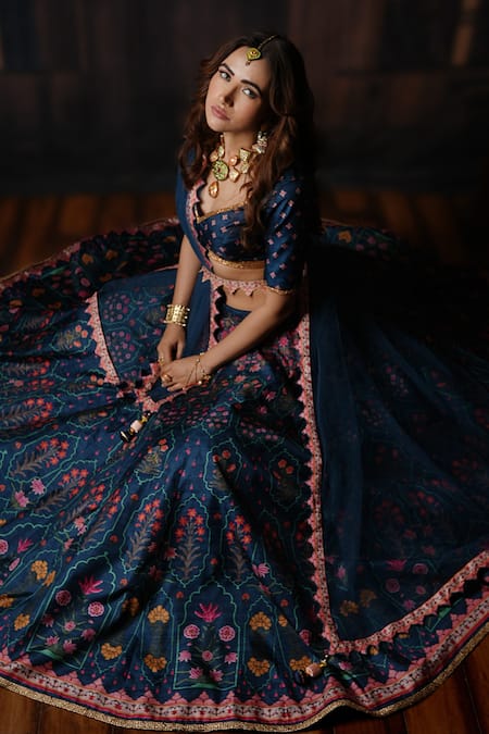 Buy_Archana Kochhar_Blue Lehenga And Blouse Raw Silk Dupatta Net Printed Floral Motifs Lagoon Set _Online_at_Aza_Fashions