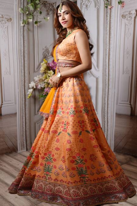 Archana Kochhar_Orange Lehenga And Blouse Raw Silk Dupatta Net Floral Sunshine Printed Set _Online_at_Aza_Fashions
