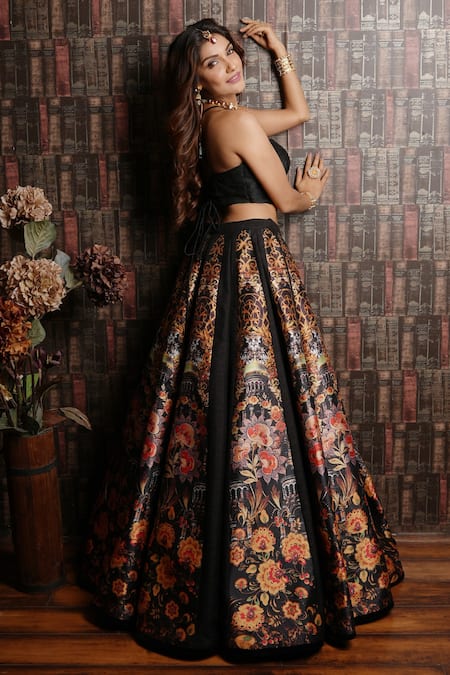 Archana Kochhar Black Raw Silk Floral Motifs Sweetheart Paradise Printed Lehenga And Blouse Set Online at Aza Fashions Archana Kochhar_Black Raw Silk Floral Motifs Sweetheart Paradise Printed Lehenga And Blouse Set _Online_at_Aza_Fashions