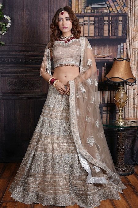 Embroidered Net Lehenga in Grey : LQY1632