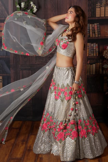 Buy Grey Lehenga Silk Printed Floral Motifs V Neck Set For Women by Aditi  Gupta Online at Aza Fashions.