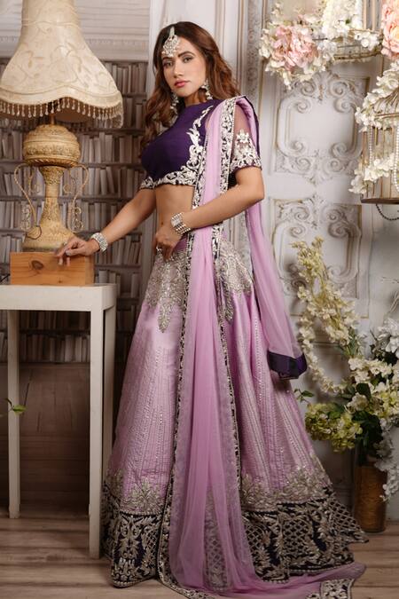 Archana Kochhar_Purple Lehenga And Blouse Raw Silk Dupatta Net Dori & Teasel Embroidered Set _Online_at_Aza_Fashions
