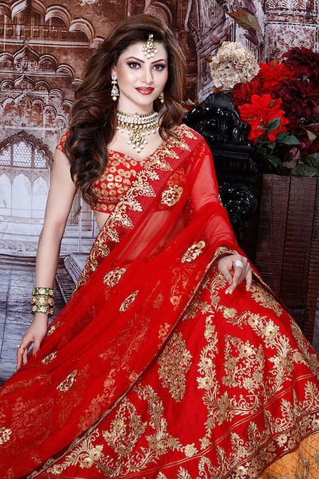 Shop Archana Kochhar Red Raw Silk, Net Dori, Gota, Resham V Swastik Embroidered Bridal Lehenga Set at Aza Fashions Shop_Archana Kochhar_Red Raw Silk, Net Dori, Gota, Resham V Swastik Embroidered Bridal Lehenga Set _at_Aza_Fashions