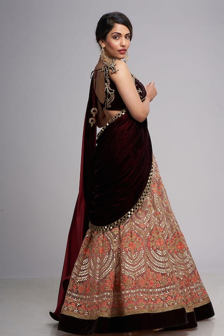Shop Archana Kochhar Peach Velvet, Net And Silk Gota, Mirror, Mughal Embroidered Bridal Lehenga Set at Aza Fashions Shop_Archana Kochhar_Peach Velvet, Net And Silk Gota, Mirror, Mughal Embroidered Bridal Lehenga Set _at_Aza_Fashions