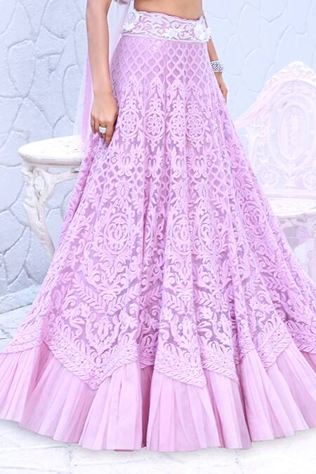Archana Kochhar_Purple Net Feathers, Sali Crew Neck Rubesco Lucknowi Lehenga And Draped Blouse Set _at_Aza_Fashions