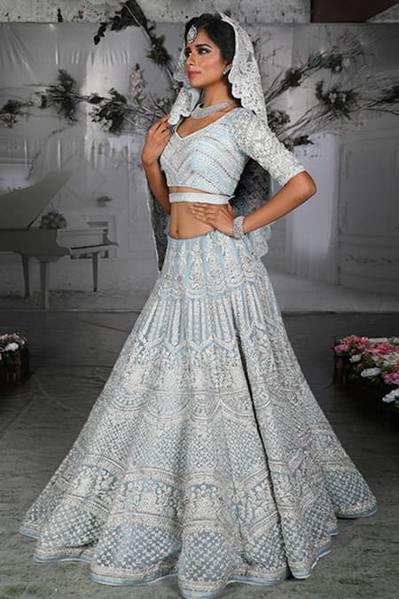 Blue And Grey Satin Silk Wedding Lehenga Choli - Lehengas Designer  Collection