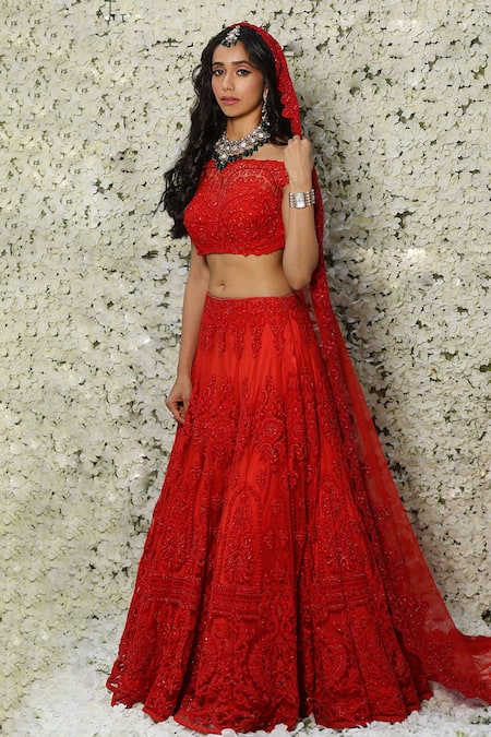 Archana Kochhar Red Net, French Lace Swarovski One Shoulder Embroidered Lehenga Set Online at Aza Fashions Archana Kochhar_Red Net, French Lace Swarovski One Shoulder Embroidered Lehenga Set _Online_at_Aza_Fashions