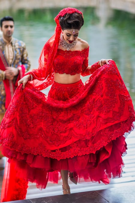 Buy Archana Kochhar Red Net, French Lace Swarovski One Shoulder Embroidered Lehenga Set Online at Aza Fashions Buy_Archana Kochhar_Red Net, French Lace Swarovski One Shoulder Embroidered Lehenga Set _Online_at_Aza_Fashions
