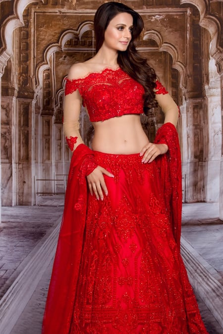 Shop Archana Kochhar Red Net, French Lace Swarovski One Shoulder Embroidered Lehenga Set Online at Aza Fashions Shop_Archana Kochhar_Red Net, French Lace Swarovski One Shoulder Embroidered Lehenga Set _Online_at_Aza_Fashions