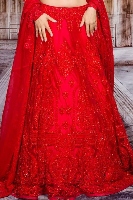 Archana Kochhar Red Net, French Lace Swarovski One Shoulder Embroidered Lehenga Set at Aza Fashions Archana Kochhar_Red Net, French Lace Swarovski One Shoulder Embroidered Lehenga Set _at_Aza_Fashions