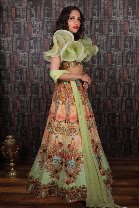 Buy_Archana Kochhar_Multi Color Dupatta Georgette, Lehenga And Blouse Raw Print Embellished Set _Online_at_Aza_Fashions