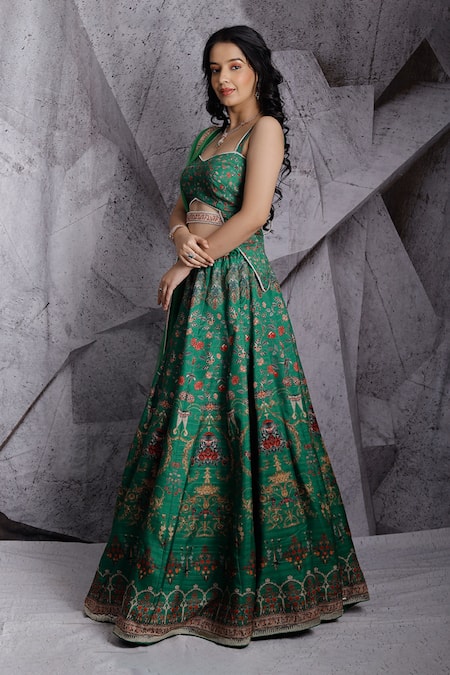 Archana Kochhar_Green Blouse And Lehenga Raw Silk Dupatta Net Floral & Geometric Print Set _Online_at_Aza_Fashions