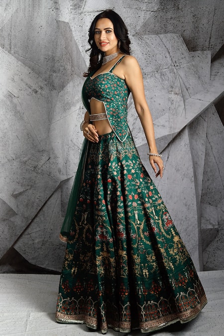 Archana Kochhar Emerald Green Blouse And Lehenga Raw Silk Dupatta Net Floral & Geometric Set Online at Aza Fashions Archana Kochhar_Emerald Green Blouse And Lehenga Raw Silk Dupatta Net Floral & Geometric Set _Online_at_Aza_Fashions
