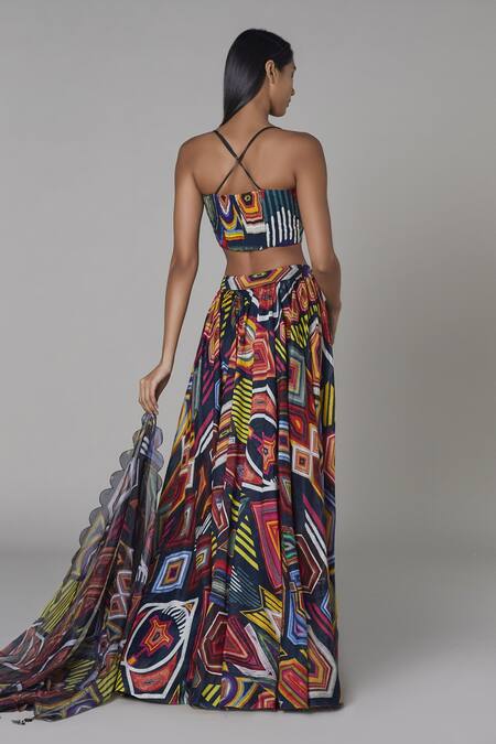 Shop Saaksha & Kinni Blue Chanderi Geometric Motifs Print Lehenga at Aza Fashions Shop_Saaksha & Kinni_Blue Chanderi Geometric Motifs Print Lehenga_at_Aza_Fashions