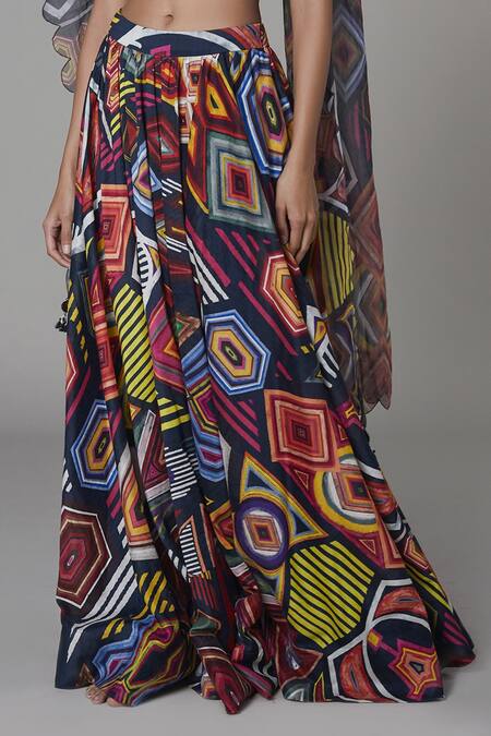 Saaksha & Kinni Blue Chanderi Geometric Motifs Print Lehenga Online at Aza Fashions Saaksha & Kinni_Blue Chanderi Geometric Motifs Print Lehenga_Online_at_Aza_Fashions