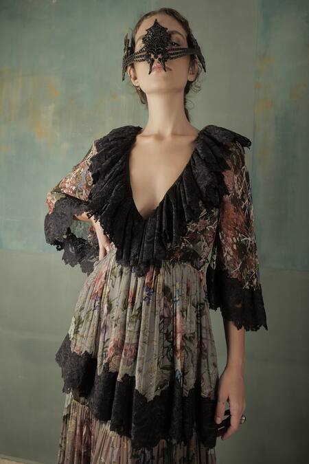 Nidhi Yasha_Black Lurex Dobby V Neck Printed Layered Maxi Gown _Online_at_Aza_Fashions