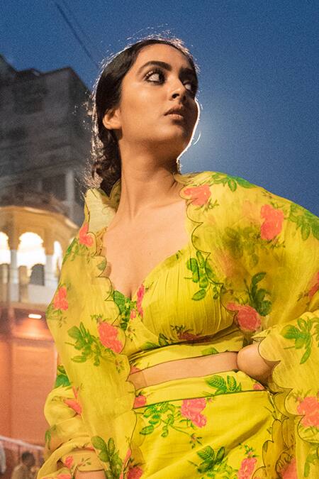 Label Earthen_Yellow Cotton, Organza Silk V Neck Tiered Printed Lehenga Set_Online_at_Aza_Fashions