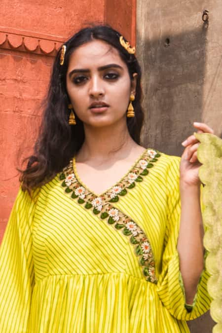 Shop Label Earthen Yellow Chanderi , Organza Round Anarkali And Pant Set at Aza Fashions Shop_Label Earthen_Yellow Chanderi , Organza Round Anarkali And Pant Set _at_Aza_Fashions