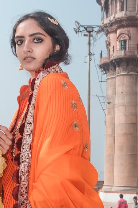 Shop Label Earthen Orange Chanderi Silk V Neck Kurta And Pant Set at Aza Fashions Shop_Label Earthen_Orange Chanderi Silk V Neck Kurta And Pant Set _at_Aza_Fashions