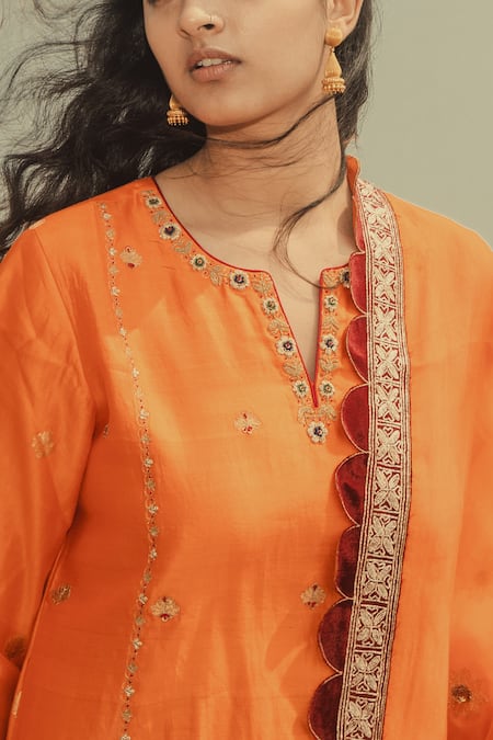 Shop Label Earthen Orange Chanderi , Handwoven Banarasi Round Kurta And Pant Set at Aza Fashions Shop_Label Earthen_Orange Chanderi , Handwoven Banarasi Round Kurta And Pant Set _at_Aza_Fashions