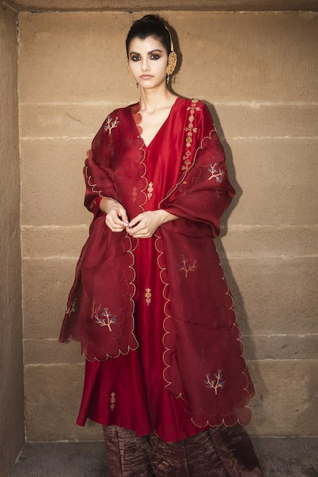 Label Earthen Maroon Kalidar Kurta Sharara Set For Kids