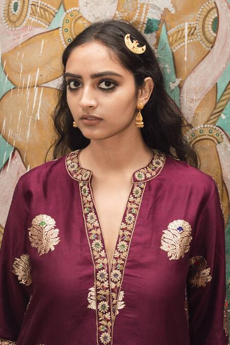 Shop_Label Earthen_Maroon Banarasi Brocade Round Kurta Sharara Set _at_Aza_Fashions