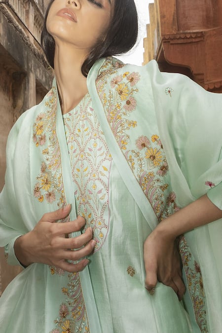 Shop_Label Earthen_Green Chanderi , Handwoven Banarasi Round Anarkali And Pant Set _at_Aza_Fashions