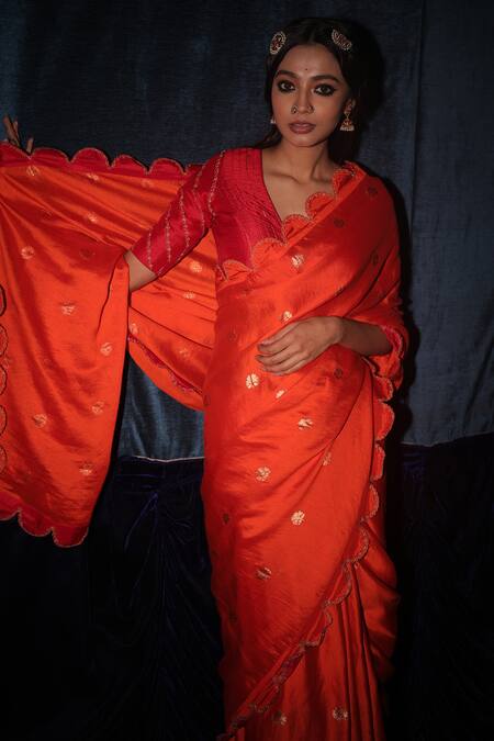 Label Earthen_Orange Raw , Handwoven Banarasi V Neck Saree With Blouse _Online_at_Aza_Fashions