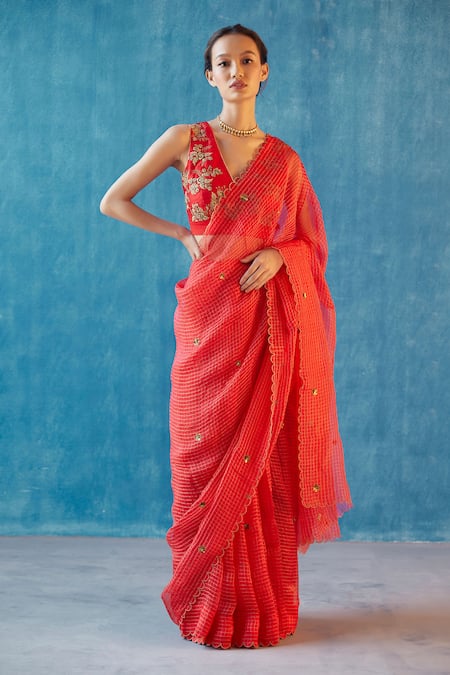 Label Earthen Checkered Saree with Embroidered Blouse 