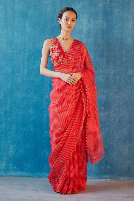 Label Earthen Checkered Saree with Embroidered Blouse For Kids