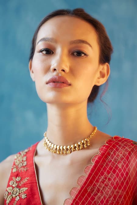 Label Earthen_Red Handloom Cotton, Organza, Silk Embroidery, Zari Checkered Saree With Blouse For Kids_Online_at_Aza_Fashions