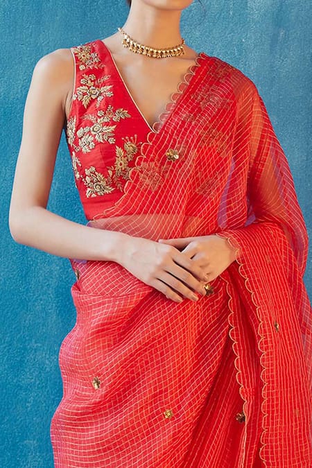 Buy_Label Earthen_Red Handloom Cotton, Organza, Silk Embroidery, Zari Checkered Saree With Blouse For Kids_Online_at_Aza_Fashions