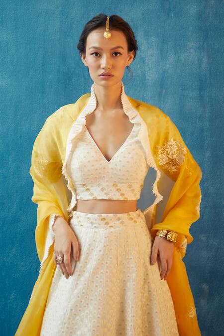 Label Earthen_White Organza, Handwoven Cotton Banarasi V Neck Lehenga Set _Online_at_Aza_Fashions