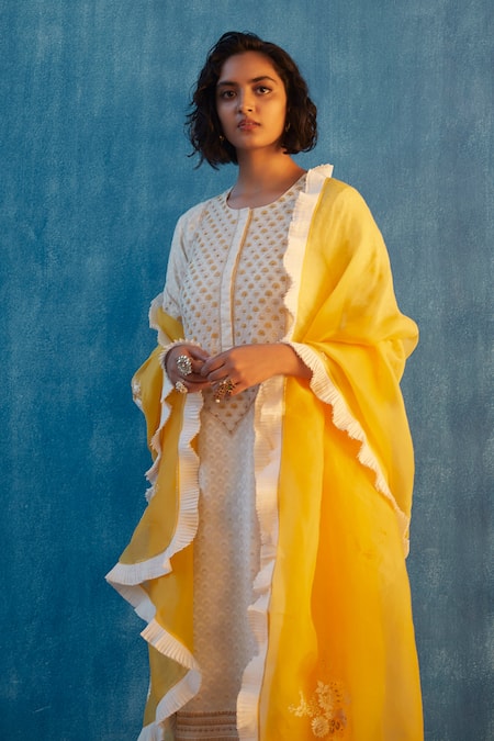 Label Earthen Floral Motif Yellow Handwoven Silk Saree Set For Kids